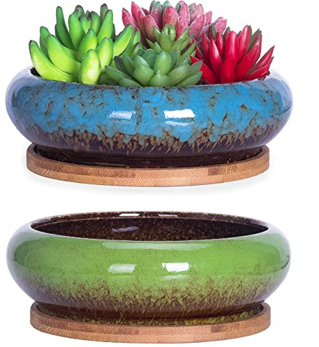 ARTKETTY Sukkulentententöpfe, 18 cm Sukkulenten-Übertöpfe mit Drainage, 2 Stück, Flache Bonsai-Töpfe mit Tablett, Keramiktöpfe für Zimmerpflanzen, große Kaktus-Blume, Pflanzschale