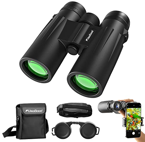 usogood Binocolo compatto 10 x 42 HD, impermeabile, per osservazione degli uccelli, escursioni, caccia, sightseeing, obiettivo FMC con custodia, tracolla e adattatore per smartphone