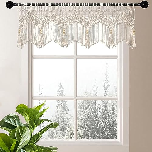 Boho Scheibengardinen Makramee Kurz Küche Gewebet Kurzstores Gardinen Creme | Bistrogardinen Landhausstil Kurzgardine Kurzvorhang Trennvorhang Türvorhang Balkontür Raumteiler Wandbehang 55x120,1 Stück