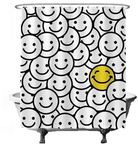 Ulticool - Cortina de Ducha - Sorrisente Smiley - 180 x 200 cm - Cortina de Baño - Lavable - Antimoho - con 12 Anillas Blanco - Amarillo Negro Blanco