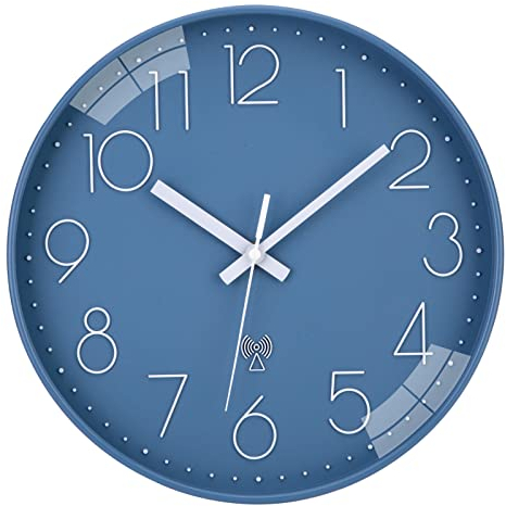 NESIFEE Modern Blue Radio-Controlled Wall Clock, Silent, Easy to Read, Kitchen, Living Room