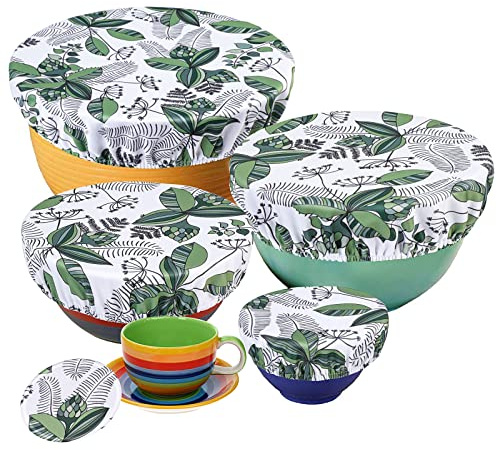 Pack of 5 Reusable Fabric Pot Covers with Elastic Band, Stretchy Lids, Waterproof Fabric, Stretched Covers for Glass Salad Bowl, Pot, Leaf Pattern