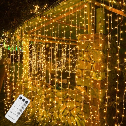 WATERGLIDE 300 LED Curtain Lights, Remote Control Christmas Hanging String Lights, 8 Lighting Modes, Plug in for Indoor Outdoor Holiday Ramadan Party Garden Backdrop Wedding Home Decor, Warm White