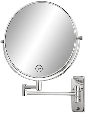 FFowcye 8 Zoll Kosmetikspiegel Wandmontage - 1X/10X Vergrößerungsspiegel Rasierspiegel, 360° Schwenkbarer Schminkspiegel mit Ausziehbarem Arm, Ideal für Make-Up, Rasur und Pflege, Chrom (Ohne Licht)