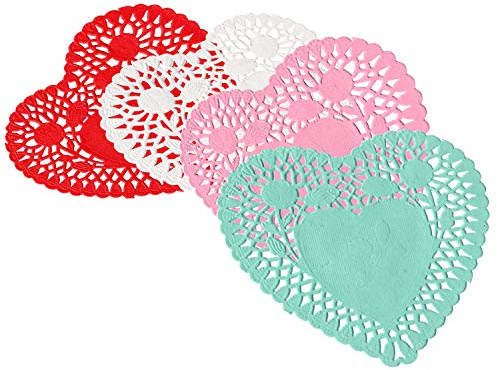 Heart Doilies 10 Inches - Pack of 100, 25 Each in Red, Pink, White, and Blue - Perfect for Valentine's Day Decorations.