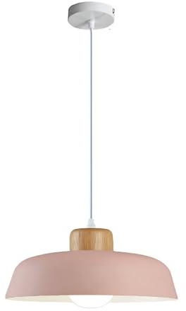EKSED 300 mm runde Pendelleuchte mit Metallschirm in Macaron-Farbe, moderne, schlichte Holzoptik, E27-Loft-Bar-Decken-Hängelampe, Kücheninsel-Esszimmer-Kronleuchter (Rosa)