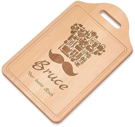 Maverton Holz Schneidebrett mit Gravur - personalisiertes Küchenbrett aus Buchenholz - rechteckiges Brotzeitbrett mit Wunschmotiv für Männer - Größe: 38x23 cm - Schnurrbart