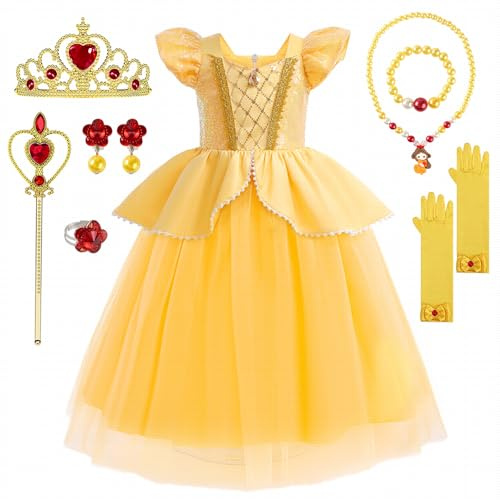 YYDSXK Disfraz Princesa Niña, Vestido Dorado con Set de Collares de Corona | Vestido Princesa Elegante Niña, Regalo para Niña, Vestido Dorado para Fiesta, Cosplay, Cumpleaños y Carnevale