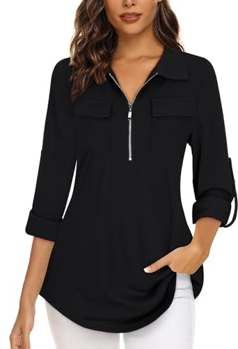 Gemulate Womens Tops 3/4 Sleeve Tops for Women Polo Top Floral Printed Shirts with Zip Up V Neck Tunic Blouse Basic Tops