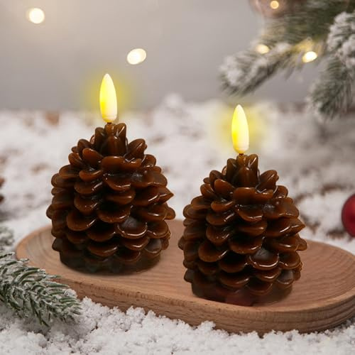 2 Stück Weihnachtsdeko Tannenzapfen LED Kerzen, 3D Tannenzapfen -Imitat Flammenlose Kerzen, Batteriebetrieben LED Tannenzapfen Kerze für Weihnachten Dekoration, Heimdekoration, Tischdeko (Braun B*2)