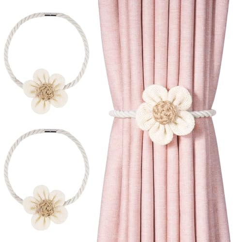 Nayyana 2 Stück Magnetische Vorhang Raffhalter, Blumen Vorhanghalter Gardinen Clip für Vorhänge Boho Deko, Einfach und Elegant Gardinenhalter Zugband, Seil Beige für Haus Dekoration