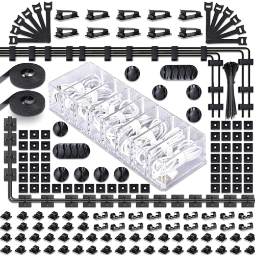 MiuCo 255Pcs Kabelmanagement Set Mit Kabelbox, Kabelhalter Selbstklebend, Silikon Kabelclip, Kabelbinder, Selbstklebende Klettband, Rollenkabelbinder fur Desk PC Kabel, Organizer Set fur Schreibtisch