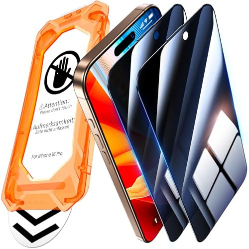 UniqueMe für iPhone 16 Pro für Panzerglas Sichtschutz - 2 Stück Schutzfolie | Privacy Displayschutz, Auto Installation, Bruchsicher Militärniveau, 9H-Härte, Anti-Kratzer Bläschenfrei, Anti Spy Folie