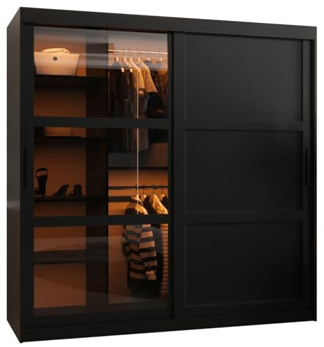 MEBLE KRYSPOL Dome 3 Schrank mit Zwei Schiebetüren, Stangen und Regalen - Aufbewahrungsschrank mit Rauchglas für Schlafzimmer, Wohnzimmer - 200x180x62cm - Schwarz, Schwarz, Schwarz
