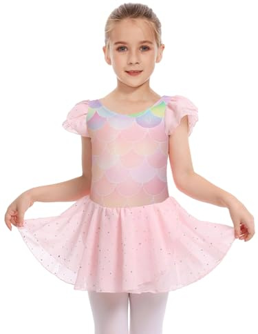 DGSHIRLDJO Mädchen Ballettkleidung Glitzernd Kurzarm Ballettanzug Balletttrikot mit Chiffon Rock Tütü Kinder Tanzkleid Tanzbody 2-12 Jahre (DE/NL/SE/PL, Numerisch, 110, Regular, Rosa)