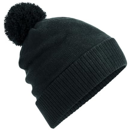 Roughtex Bommelmütze für Damen und Herren Wärmende Strickmütze mit Fleece-Innenfutter Schwarz