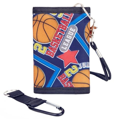 LARENNT Brustbeutel Kinder Mit Umhängekordel und Bergsteigerkarabiner - Klettverschluss Portemonnaie Für Jungen und Mädchen (Basketball)
