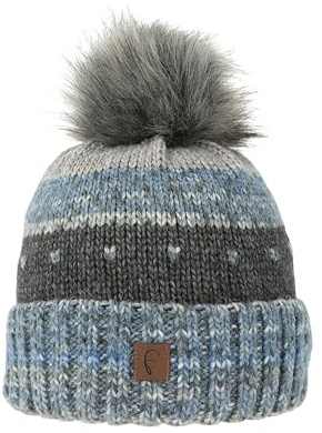Faera Warme Damen Bommelmütze mit Kunstfell-Bommel und Thermo-Fleece Futter