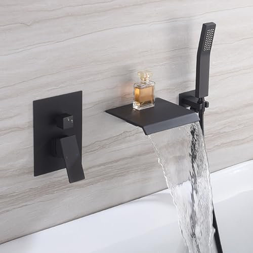 Grifo Monomando Bañera Pared Grifo Cascada para Bañeras Exentas Latón Agua Fría y Caliente,negro