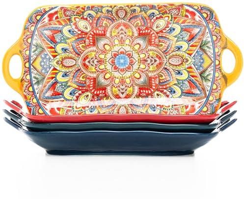 Boho Ceramic Serving Platters with Handles Set of 4, 12Inch Large Serving Dishes for Entertaining, Colorful Cute Porcelain Serving Plates for Sandwich, Appetizer, Fruit, Microwave Oven Safe Mix-color