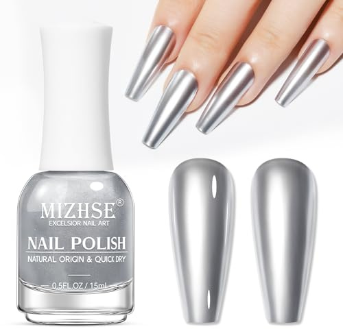 MIZHSE Silber Metallic Nagellack Mirror Effect 15ML Spiegel Nagel lack Schnelltrocknend Chrom Nail Art Nagellack, Ohne UV Lampe Einfach zu Verwenden und Entfernen 15ML 1PC