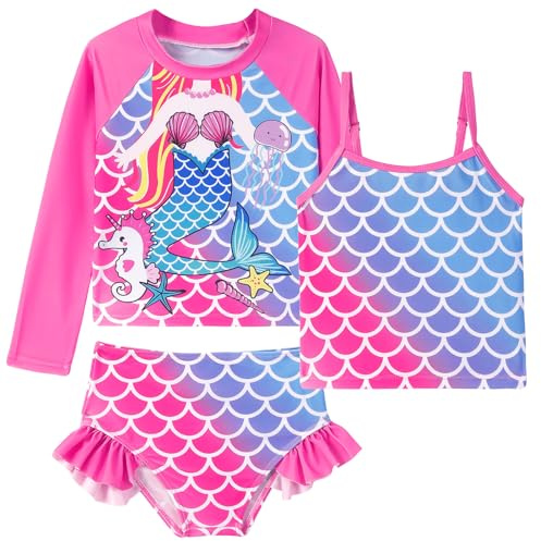 Belovecol 3-delad sjöjungfrubaddräkt för flickor Långärmad rosa Rashguard Tankini baddräkt för barn 9-10 år