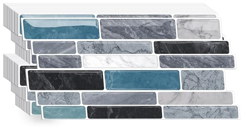 CHDITB 16 Sheets 2D Tiles Stickers Blue Grey Stick On Wall Tiles 26.4X12cm