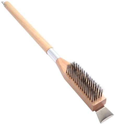 Brosse de four à pizza avec grattoir à pierre, poils en acier inoxydable résistants à la chaleur, 62 cm, manche en bois pour l'extérieur