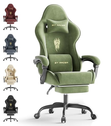 Ferghana Gaming Stuhl Ergonomisch,Gaming Chair，Atmungsaktiver Bürostuhl aus Hochwertigem Stoff，Computerstuhl mit verstellbare Kopfstütze und Lendenkissen，Armlehnen，Fußstütze，Racing PC Stuhl ，Grün