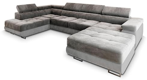 Masseno Ecksofa CASONE L-S mit Schlaffunktion U-Form, Sofa mit Bettkasten, Wohnzimmersofa, Couch, Soffa, Bettsofa, Couchgarnitur- Grau, Monolith 85 + Monolith 84