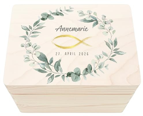 Kommunion Erinnerungsbox personalisiertes Geschenk Kiste aus Holz | Personalisiert, massives Holz, Erinnerungskiste zur Erstkommunion, für Junge & Mädchen, Kommunionsgeschenk