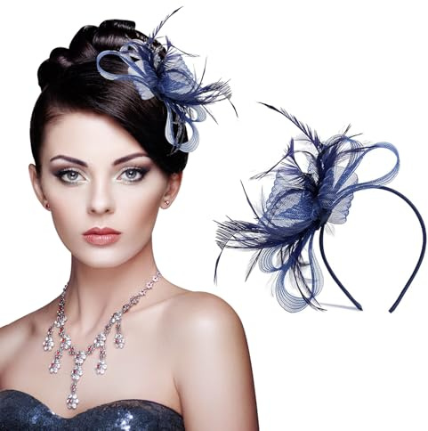 FveVqe Navy Fascinators for Weddings, Navy Fascinator, Elegant Feather Fascinator & Flower Hair Clip, Navy Blue Fascinators, Mini Top Hat for Bridal Shower Prom Royal Ascot Cocktail Parties(Blue)