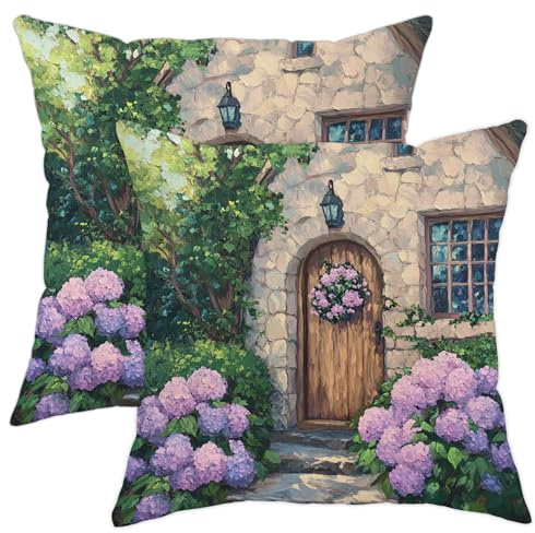 Lot de 2 housses de coussin carrées à motif floral hortensia violet pour décoration de la maison, sofa, lit, canapé, 50,8 x 50,8 cm