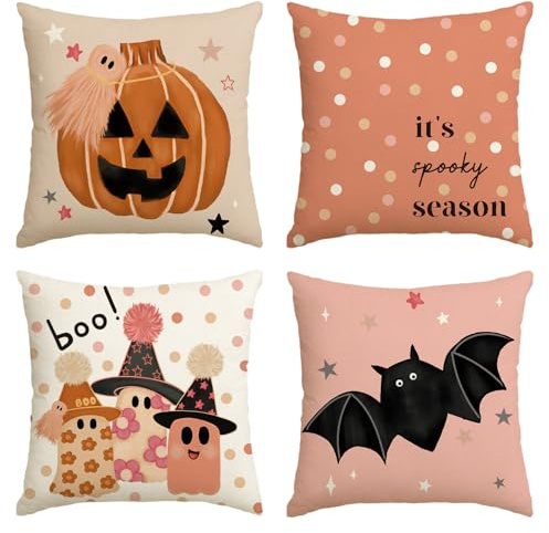Artoid Mode Rosa Tupfen Kürbis Fledermaus Geist Halloween Kissenbezüge 4er Set, 50x50 cm Spooky Stern Zierkissenbezug Cushion Cover Deko