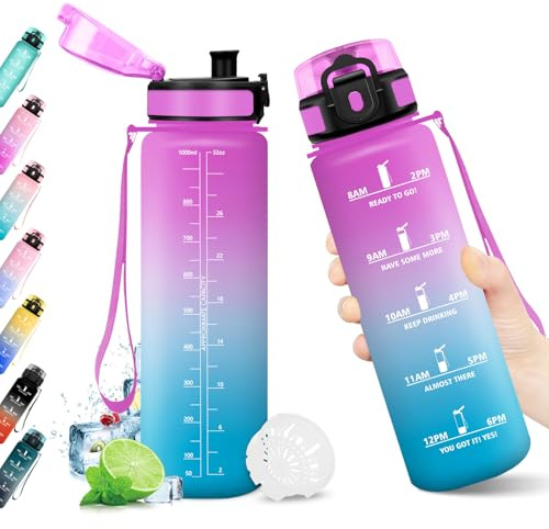 KollyKolla Borraccia 1L, Riutilizzabile, Bottiglia con Filtro, Borraccia con Indicatore del Tempo Motivazionale senza BPA, A Prova di Perdite, ideale per Adulti, Bambini, Scuola, Ufficio