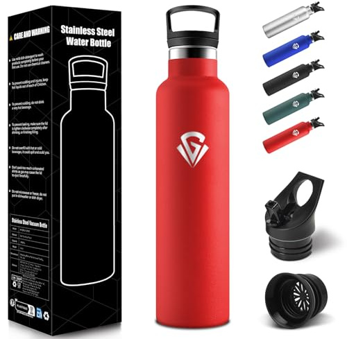 HoneyHolly Trinkflasche 1L, BPA-Frei, Wasserflasche Edelstahl, Auslaufsichere Isolierflasche Doppelwandig, Trinkflasche Mit Strohhalm, Isolierflasche für Büro, Fitnessstudio, Camping - Rot