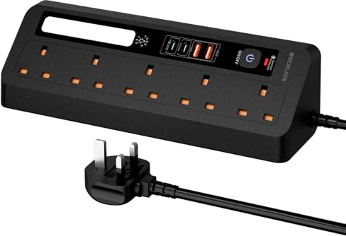Desk Extension Lead with USB Slots, BOCHLION PD 35W + PD 20W Fast Charging Power Station with Night Light, 5 Way Plug Extension Socket Surge Protector, Desktop Power Strip 1.8M for Home Office-Black