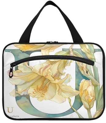 Floralmorphic Lettre U Blanc Lys Fleur Aquarelle Style Suspendu Articles de toilette de voyage pour homme avec crochet, trousse unisexe pour homme pour accessoires pour femme