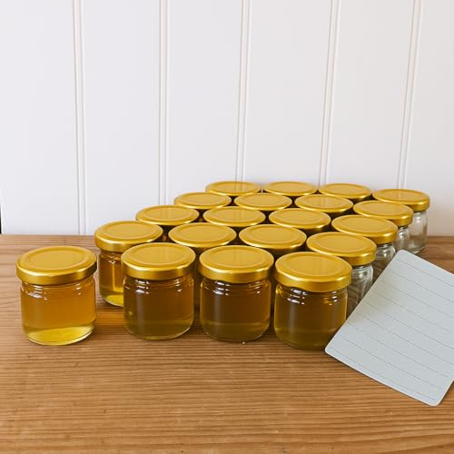 OOPS TOYS 24er Set Einmachgläser 40 ml Mini mit Deckel Gold - Marmeladengläser mit Schraubdeckel - Mini Einweckgläser mit Etiketten - Kleine Gläser, Marmeladengläser (Gold, 24 Stück)
