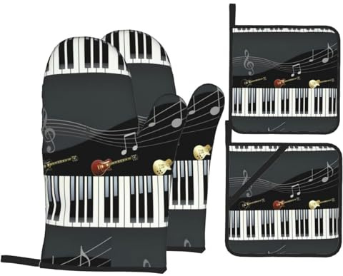 Set di 3 guanti da forno e presine con stampa di pianoforte, spessi guanti da cucina resistenti al calore, per cucinare e cuocere