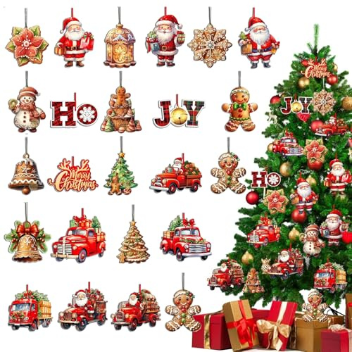FOSDICK 24 Pièces Decoration Noel Sapin Bois, Decoration Sapin de Noel en Bois, Deco Sapin de Noel avec Corde, Suspension Ornements Bonhomme Pain d'Épice Père Noël Motifs pour DIY Fête CASA