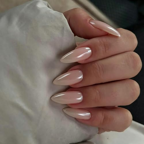 SXVME Chrome French Press on Nails Almond Medium, Glazed Ombre Coral Pink False Nails with a Velvet Mirror Finish, Gradient Fake Nails Press ons, Stiletto Stick on Nails for Women Wedding 24 Pcs