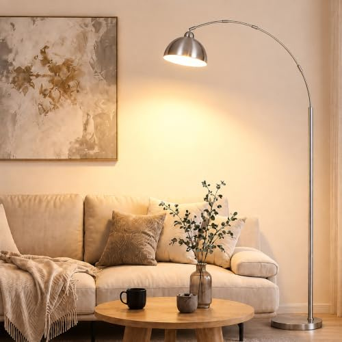 Moderne Bogenlampe Wohnzimmer, 204 cm Stehlampe, 100 cm Ausladung OVEL FL02 | Stehlampe für Sofa und Esstisch | ohne Deckenanschluss | 3 Lichtfarben | stabiler 5-kg-Fuß | verstellbarer Aluminiumschirm