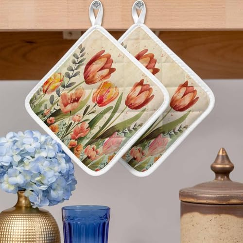 Pot Holders Set of 2, Vintage Garden Tulip Watercolor Floral Potholder for Kitchen Heat-Proof Hot Pads, Spring Flower Leaves on Flax Hot Mats Potholders for Cooking Baking BBQ