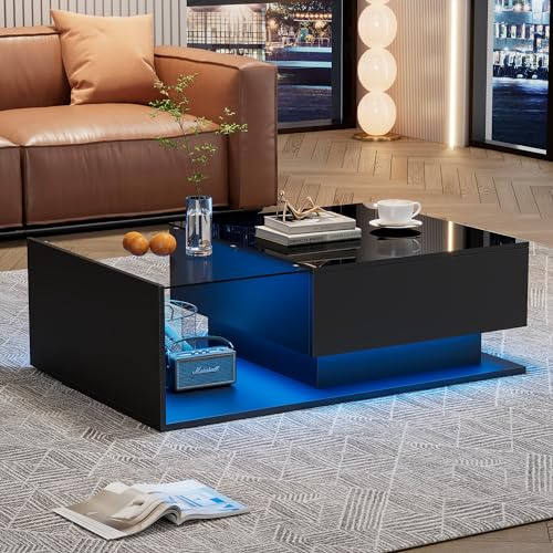 VIEKOS Mesa de centro de color negro brillante, 100 x 50 x 32 cm, con tablero de cristal y cajones, resistente a los arañazos, con 1 cajón, con iluminación LED, estilo moderno