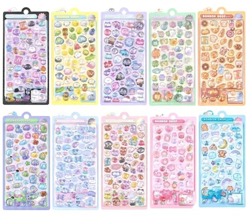 10 Sheets Cute 3D Puffy Stickers for Kids, Kawaii Cartoon Stickers, 3D Stickers Set for Scrapbooks, Laptops, Phone Cases, DIY Crafts, Journals, Perfect Present & Reward for Children (10)