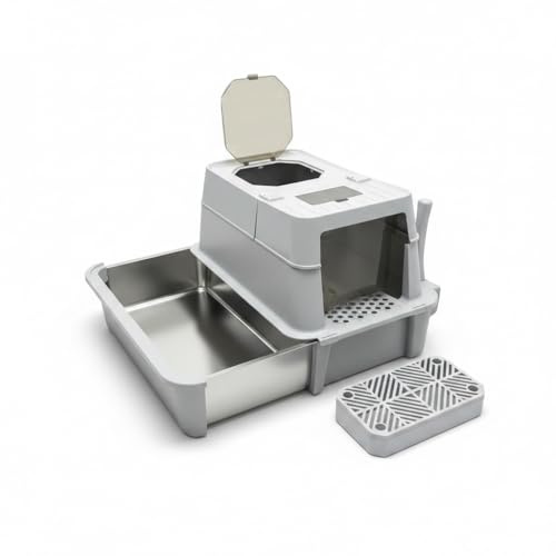 SYEXDZON Bandeja de arena para gatos de acero inoxidable, caja de arena cerrada, tapa de elevación y diseño de cajón, 60 x 40 x 40 cm, lados altos a prueba de fugas, entrada superior y frontal, pedal