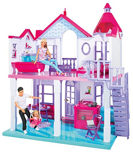 Simba 104661996 - Steffi Love Dreamhouse, Großes Spielhaus, 4 Räume, OHNE Puppen, 84cm hoch, Zwei Etagen, Funktionstüchtige Klingel, Zusammenklappbar