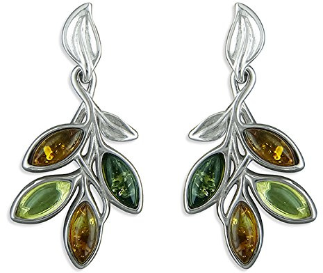 H2235/M Boucles d'oreilles pendantes en argent sterling et ambre orange jaune et vert, Pierre Argent Ambre, Ambre