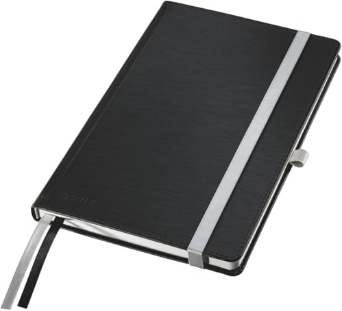 Leitz Notizbuch A5 kariert, 160 Seiten, 80 Blatt, Hardcover mit hochwertigem Bezug, 100 g/m² Papier, Gummizugverschluss, Textilbänder, Stiftelasche, Mit Tasche, Style Serie, Satin Schwarz, 44860094